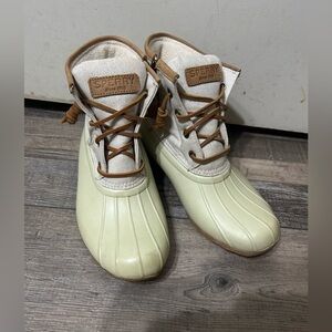 Sperry Saltwater Waterproof Rubber bottom Duck metallic Cream and Tan Duck Boots